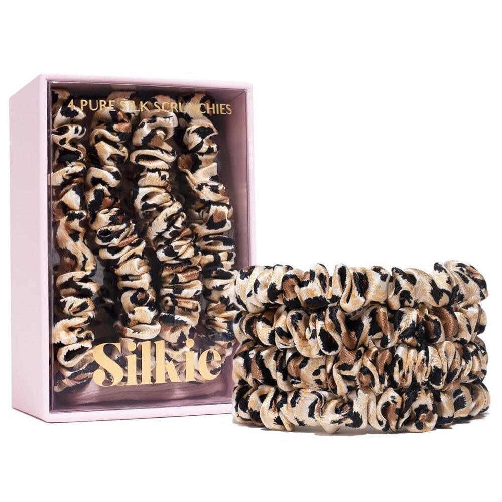 x4 Set - Forget Satin - 100% Pure Mulberry Silk Black Brown Leopard Skinny Scrun
